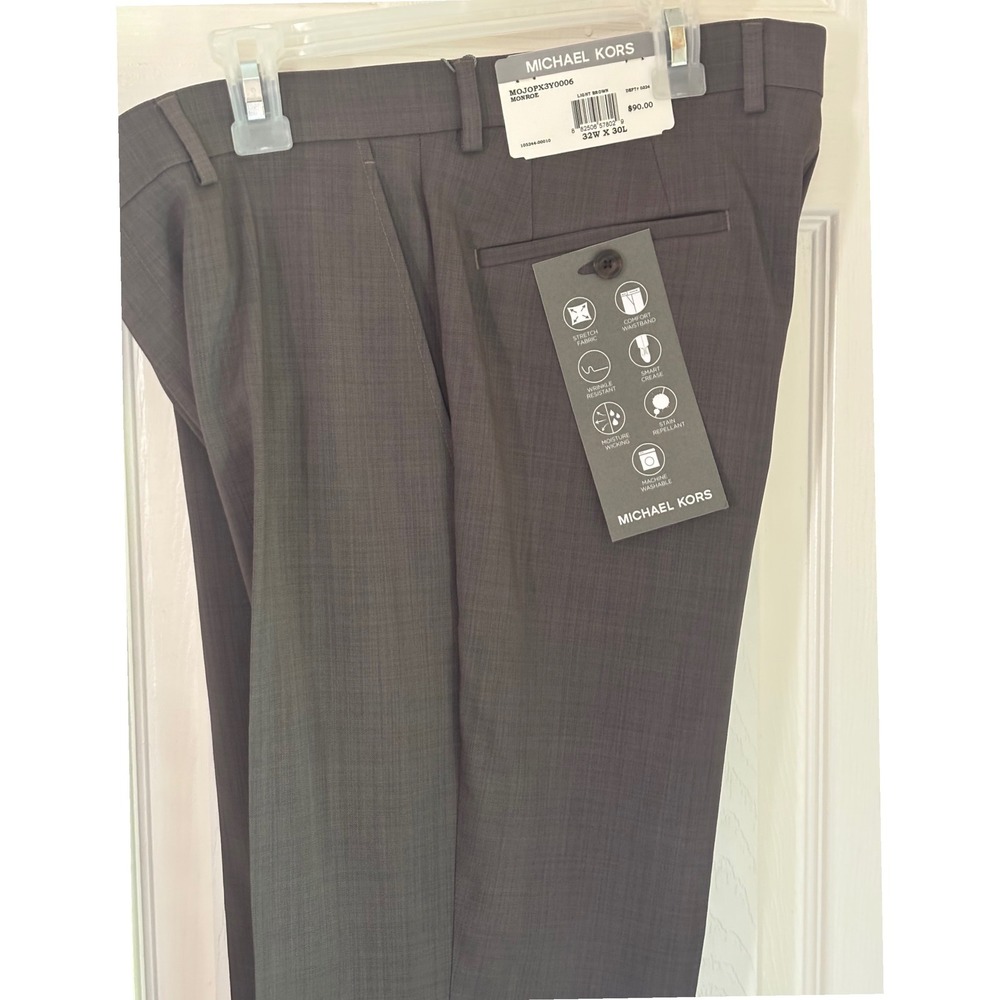 Michael Kors Monroe Dress Pants Mens 32x30 Light Brown Stretch Performance NEW - Picture 3 of 11